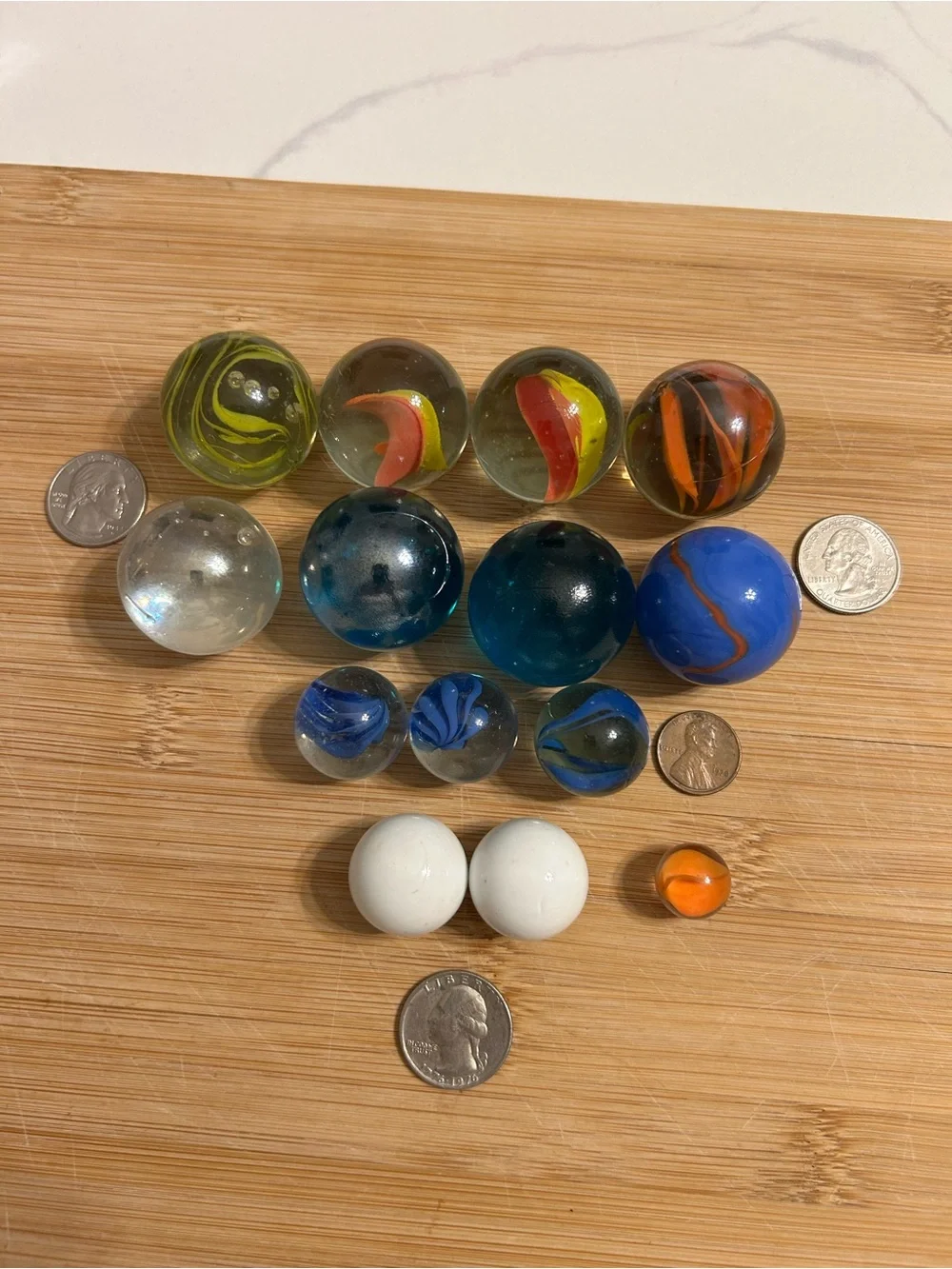 Assorted Glass Marbles Set - Blue, White, Clear, Orange, Yellow, Green